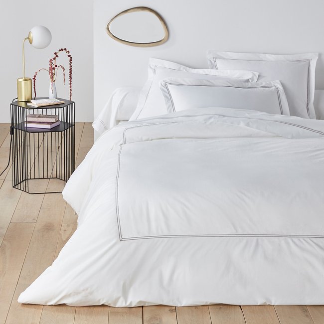Housse de couette, percale pur coton, Palace blanc/bourdon gris clair <span itemprop=