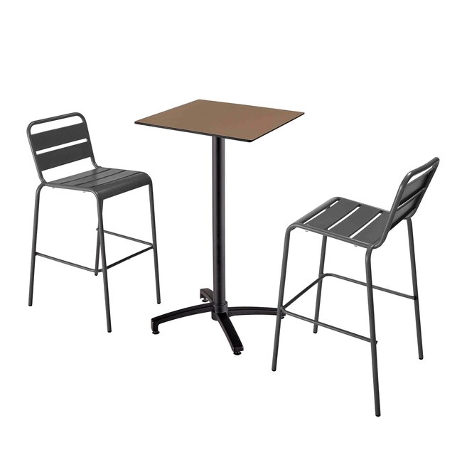 Table haute en HPL inclinable et 2 chaises hautes en métal, OPERA gris anthracite <span itemprop=