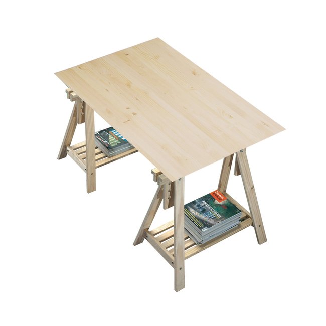 Schreibtisch auf Böcken, neigbar mit Holzarbeitsplatte natur <span itemprop=