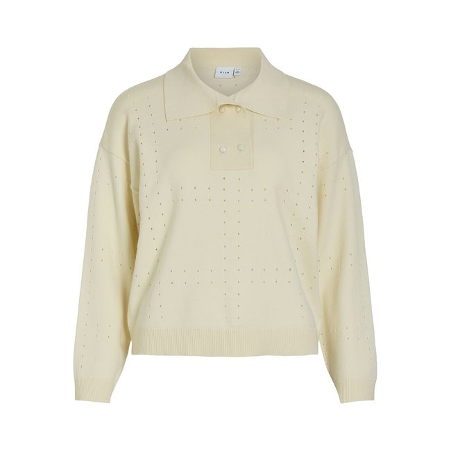 Camisola em malha fina, gola polo cru <span itemprop=
