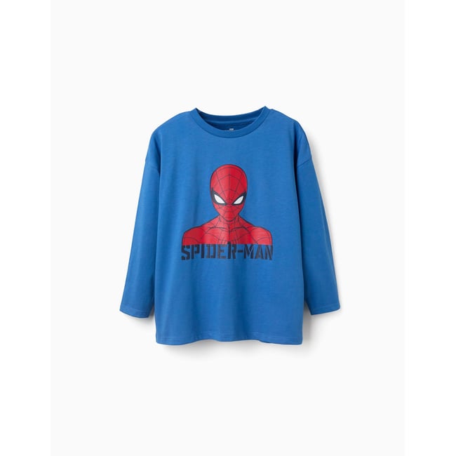 T-shirt en coton à manches longues et imprimé Spider-Man bleu <span itemprop=