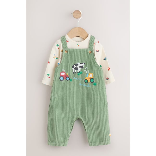 Salopette bébé en velours côtelé et body ferme verte <span itemprop=