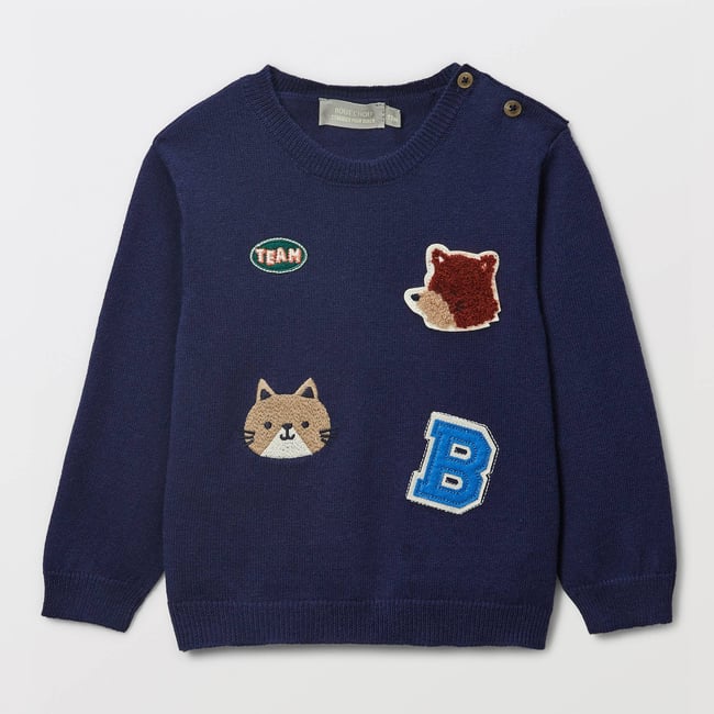 Pull avec patchs contenant de la laine chinese blue <span itemprop=