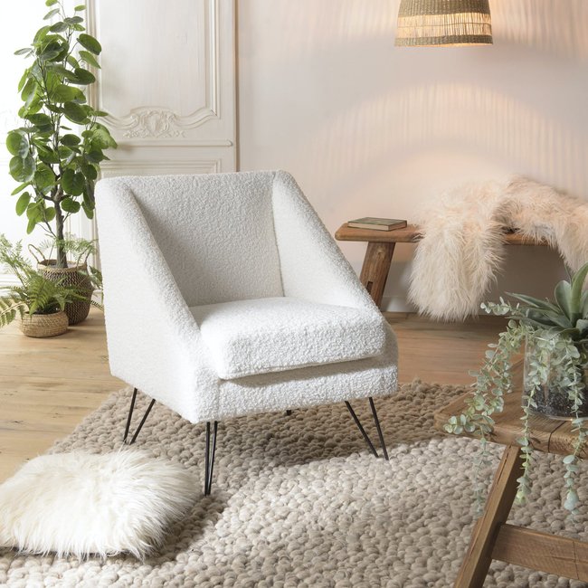 Fauteuil club blanc tissu bouclette TIM Couleur blanc <span itemprop=