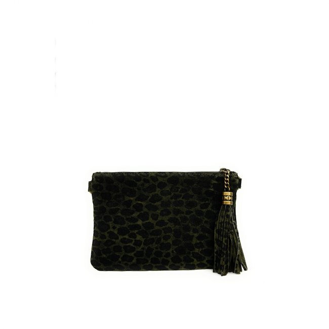 Sac pochette en croute de cuir MORGANE JUNGLE léopard kaki <span itemprop=