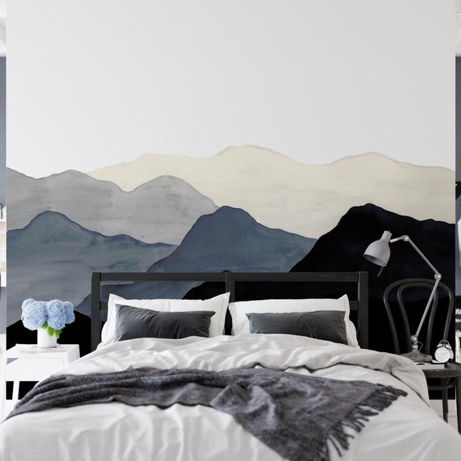 Papier peint panoramique avec montagnes grises à l'aquarelle - 170x260 cm (l x h) Couleur gris <span itemprop=