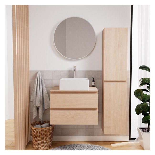 Ensemble meuble simple vasque 60 cm + vasque + robinet + miroir + colonne SORRENTO Couleur chêne <span itemprop=