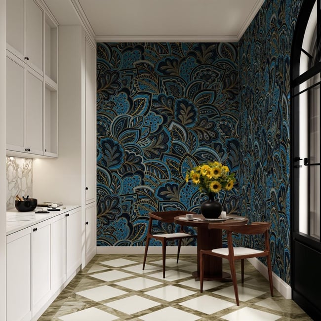 Papier peint botanique avec plantes et fleurs bleues - 510x260 cm (l x h) - LA TOUCHE ORIGINALE