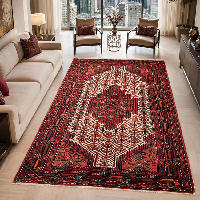 Tapis d'orient, 111 x 175 cm, rouge, bordeaux et crème, artisanal, HAMADAN 24 Couleur rouge, bordeaux, crème <span itemprop=