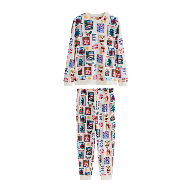 Pyjama de noël confortable collection famille timbres écrus <span itemprop=