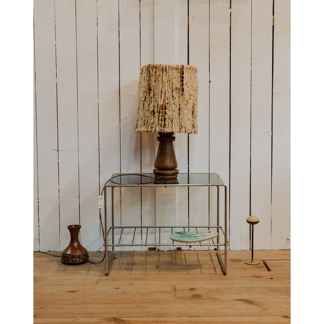 Lampe à poser en bois et laine Julia N°1131 - Bon état Couleur bois foncé <span itemprop=