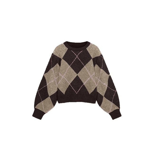 Pull jacquard manches longues marron chocolat <span itemprop=