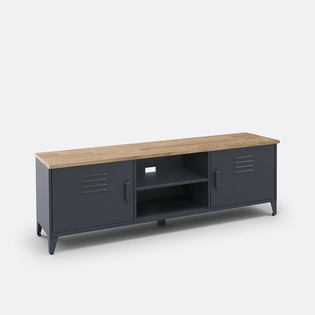 Meuble TV, en métal acier et chêne massif, HIBA Couleur noir <span itemprop=
