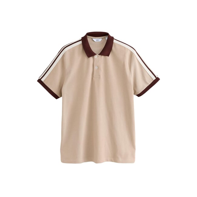 Polo en maille piquée à rayures sur l’épaule grège <span itemprop=
