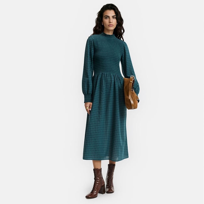 Robe midi à carreaux, manches longues, smockée carreaux bleu/vert <span itemprop=