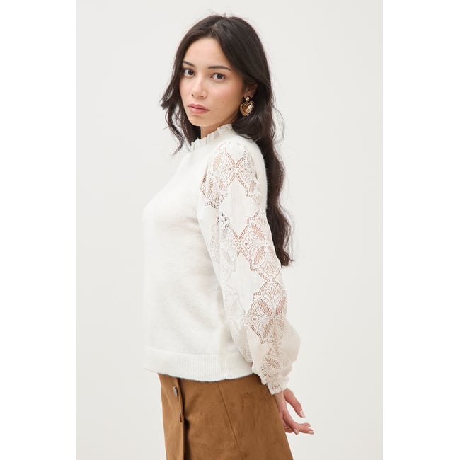 Pull droit col montant manches longues ecru <span itemprop=