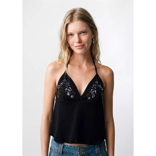 Top halter brodé noir <span itemprop=