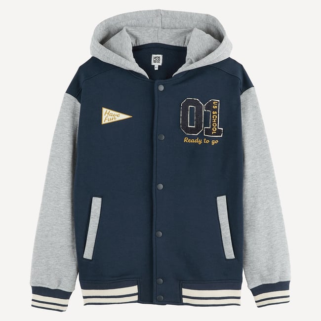 Sweat pressionné à capuche, esprit Teddy, en molleton bleu marine/gris chiné <span itemprop=