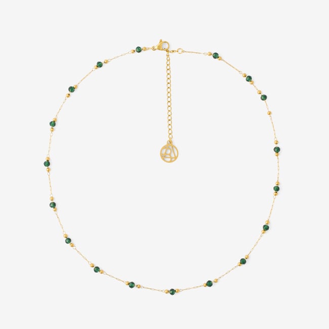 Collier acier inoxydable et perles vertes à facettes doré <span itemprop=