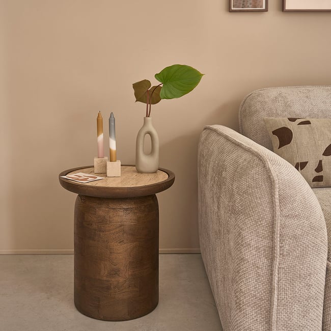 Table d'appoint en bois de manguier et travertin  ELENA Couleur marron <span itemprop=