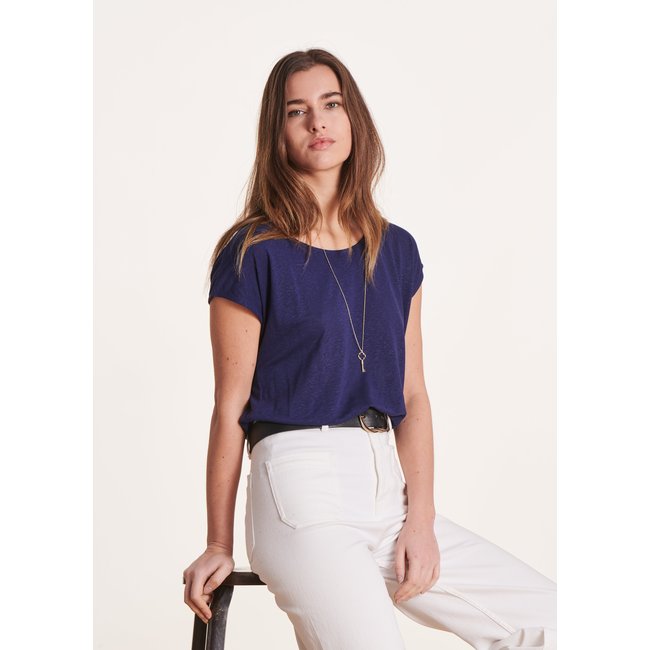Tee shirt droit col rond en lyocell lin bleu marine <span itemprop=