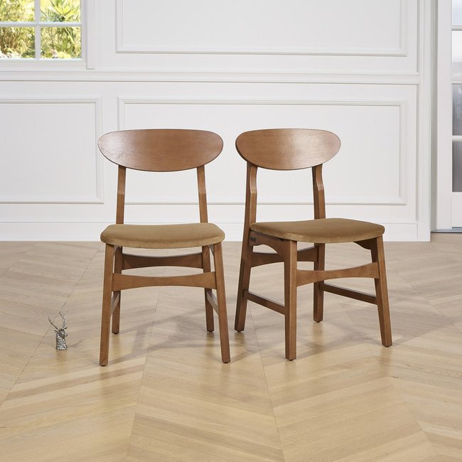 Lot de 2 chaises en hévéa massif teinte foncée et velours DALHIA Couleur camel <span itemprop=