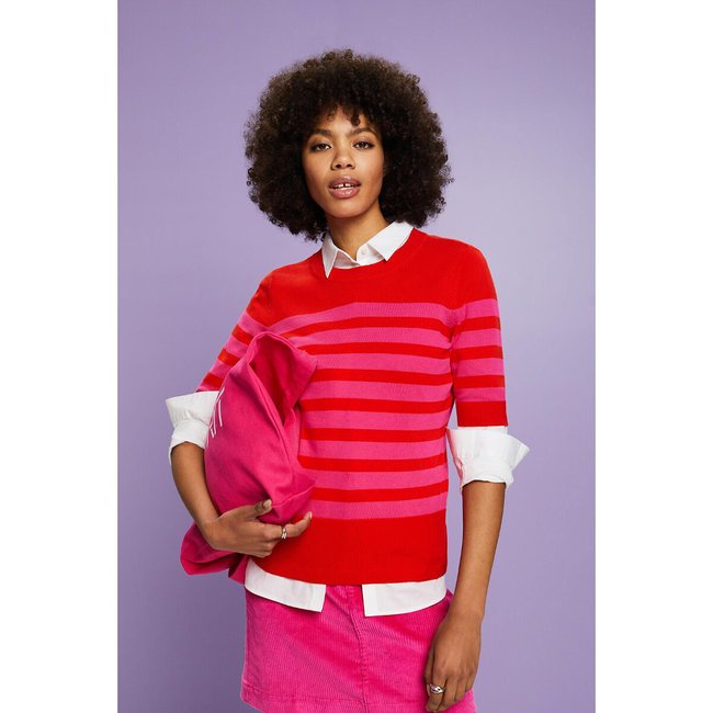 Striped short sleeve jumper with crew neck in cotton red pink Esprit La Redoute