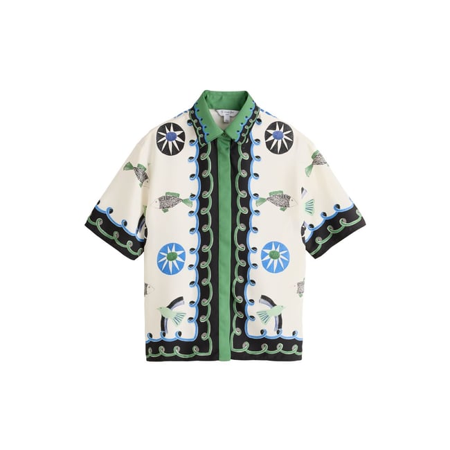 Chemise en sergé de satin à manches courtes bordure abstraite imprimée blanche/bleue/verte <span itemprop=