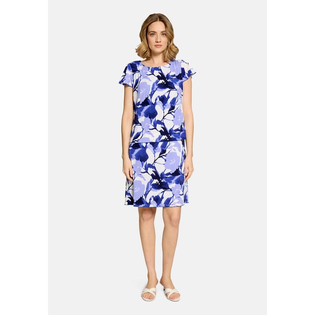 Robe à volants manches courtes blanc/bleu <span itemprop=