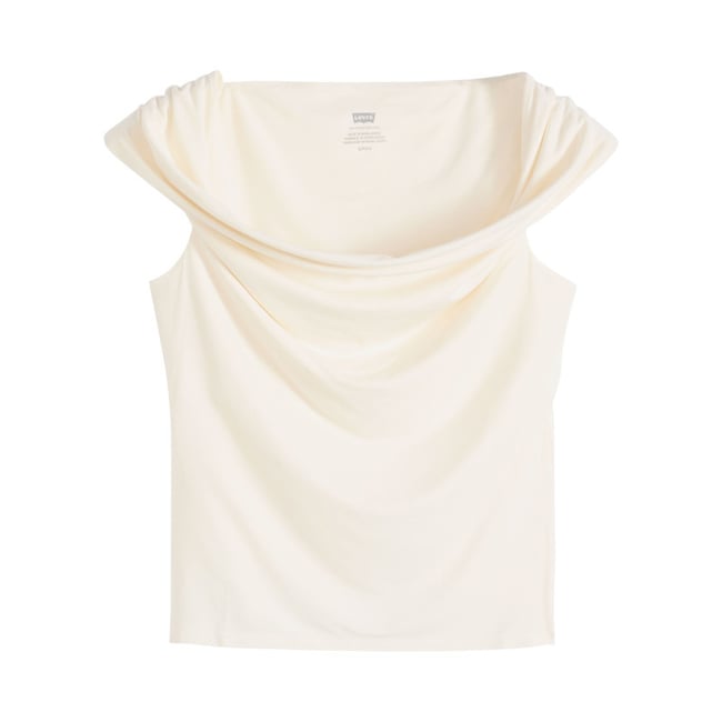 Débardeur écru uni avec une coupe ajustée et un col bateau drapé beige <span itemprop=