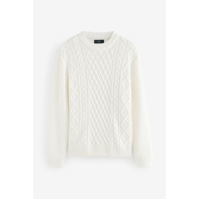 Pull ras du cou en maille torsadée écru <span itemprop=