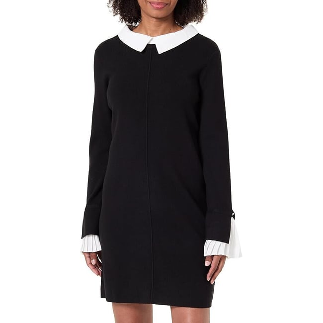 Robe tricot col et manches en popeline noir/blanc <span itemprop=