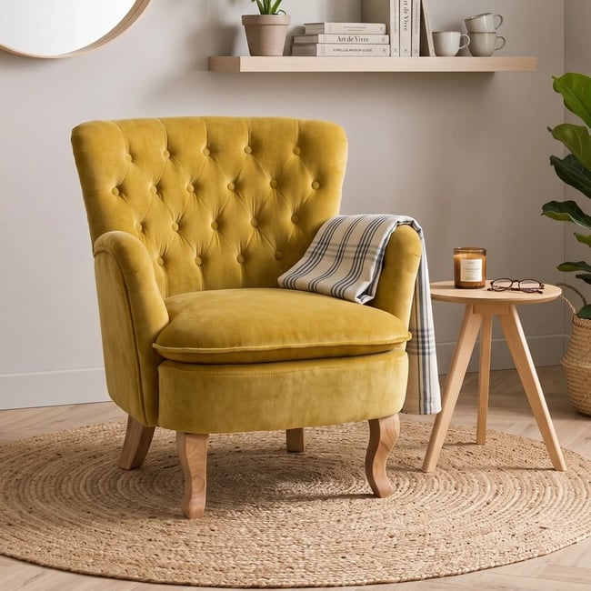 Fauteuil en tissu et bois - SHERLOCK Couleur moutarde <span itemprop=