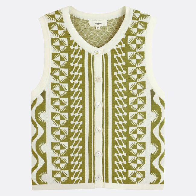Sleeveless Printed Cardigan, Round Neck, GABLESI, khaki/white, SUNCOO