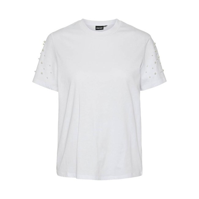 Camiseta de cuello redondo, perlas en las mangas blanco <span itemprop=
