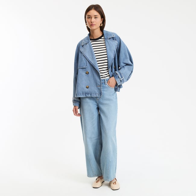 AMERI TENCEL DENIM SHORT TRENCH COAT【S】 Signatures marcellin short trench coat in denim stonewashed blue