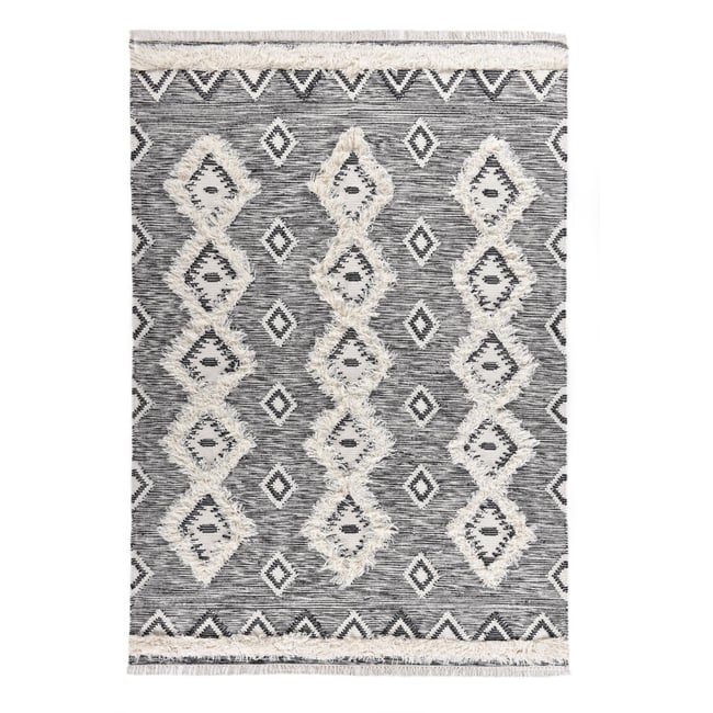 Tapis salon Mora style bohème, tissé main Couleur noir et blanc <span itemprop=