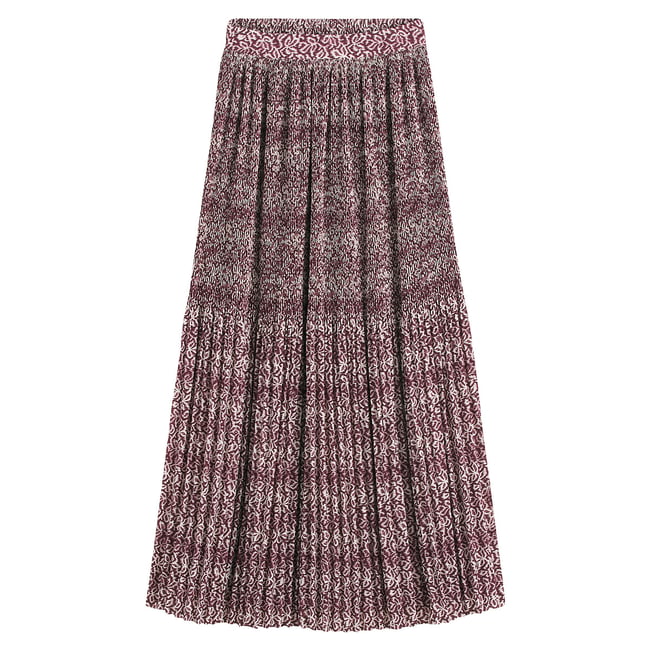 Jupe plissée imprimé floral, longue  imprimé fond bordeaux <span itemprop=