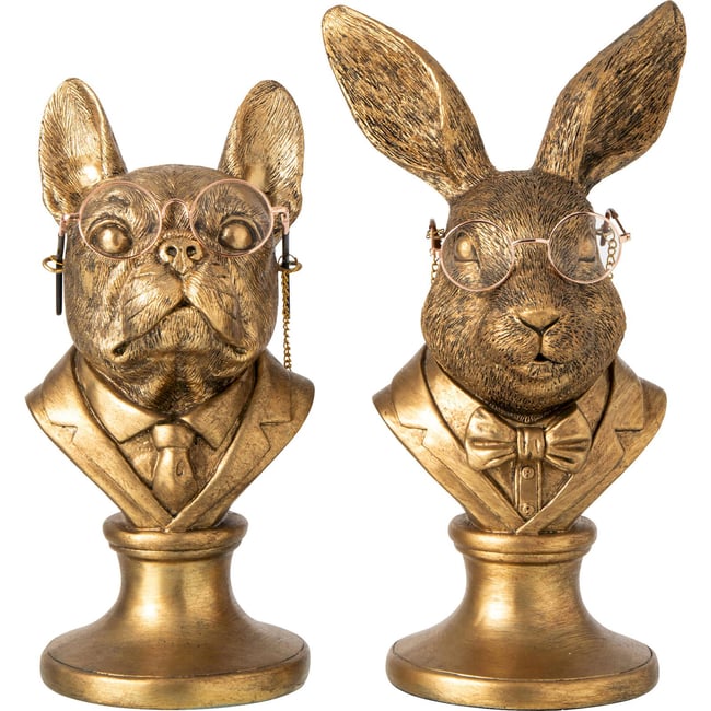 Duo de bustes animaux chien et lapin en résine Couleur doré <span itemprop=