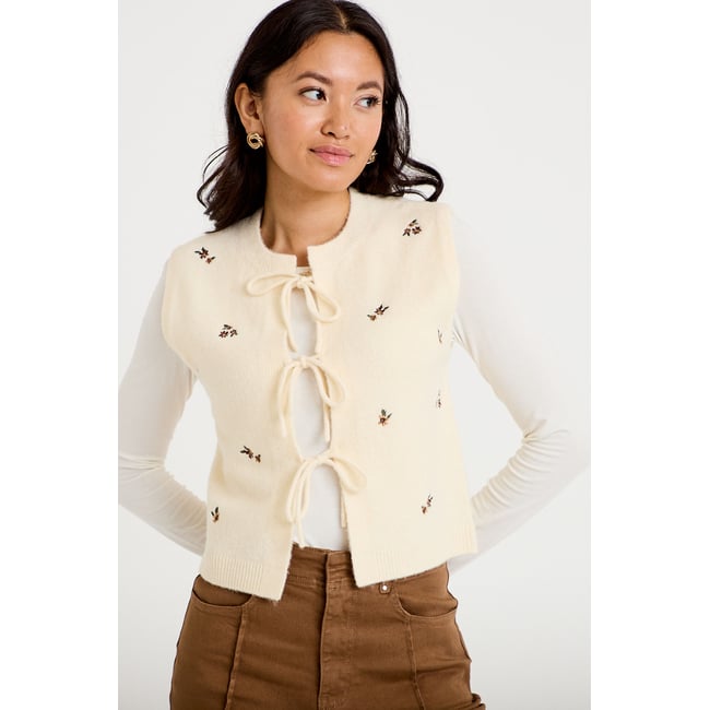 Gilet sans manches broderie sable <span itemprop=
