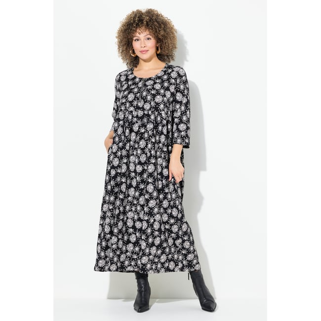 Robe midi en jersey à col rond et manches noir <span itemprop=