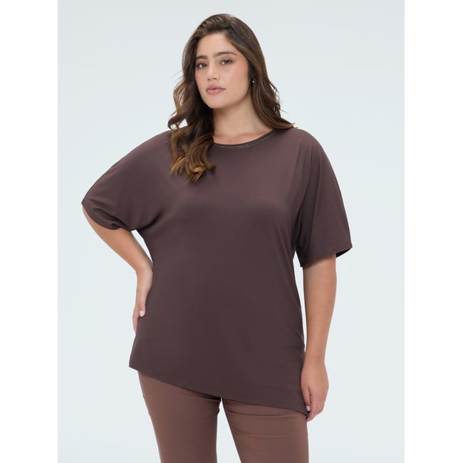 T-shirt avec strass sur l'encolure marron <span itemprop=