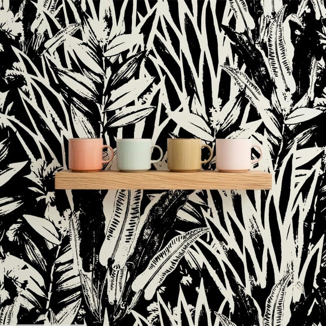 Papier peint avec feuilles extotiques noires et élégantes - 425x260 cm (l x h) Couleur noir <span itemprop=