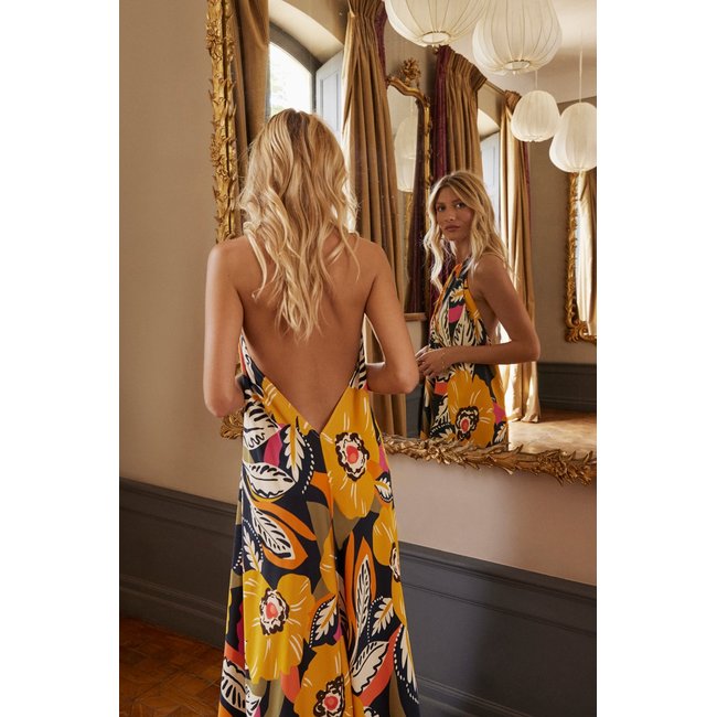 Robe longue imprimée jaune <span itemprop=