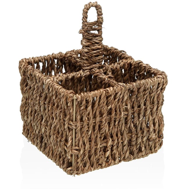 Range-couvert carré en jacinthe d'eau tressée 4 compartiments 15x15x11cm bois <span itemprop=