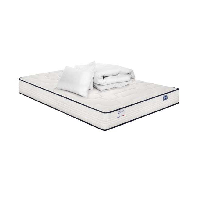Matelas 140x200 ressorts ensachés, extra ferme H24 + couette + 2 oreillers - INTEMPOREL Couleur blanc <span itemprop=
