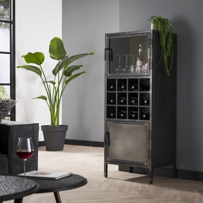 Meuble bar industriel vitré ROADIES Couleur anthracite <span itemprop=