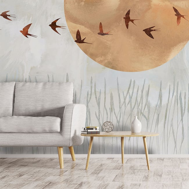 Papier peint hirondelles au soleil Couleur intissé <span itemprop=