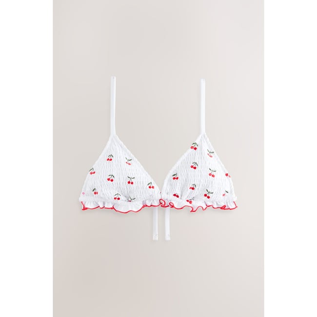 Haut de bikini triangle froncé cerise brodée blanche <span itemprop=
