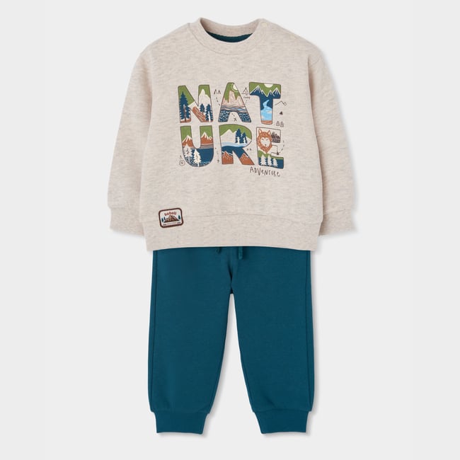 Ensemble garçon molleton imprimé Nature beige <span itemprop=